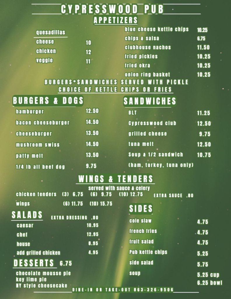 restaurant menu page one