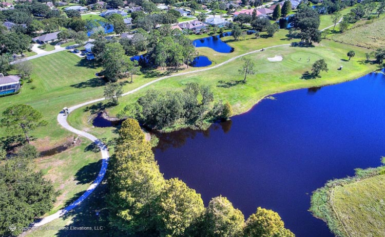 overhead view of lake at the course